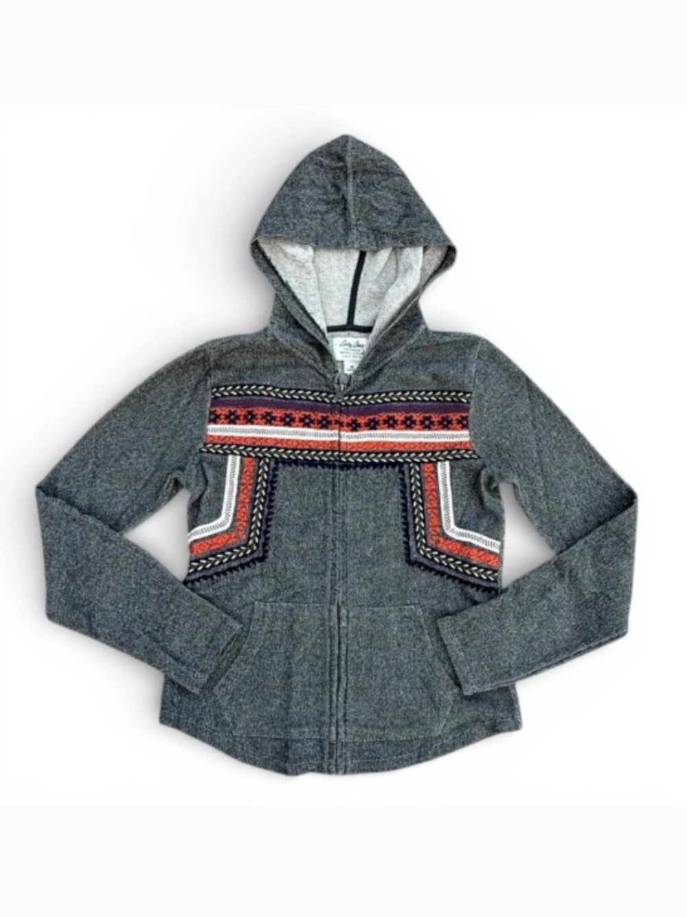 Lucky Brand Lucky Lotus Grey Embroidered Hoodie M Aztec Boho Cozy Full Zip